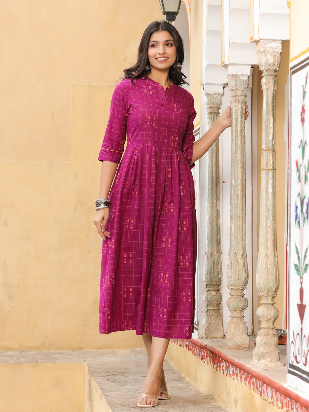 Jaipur Kurti Purple Checked A-Line Midi Dress