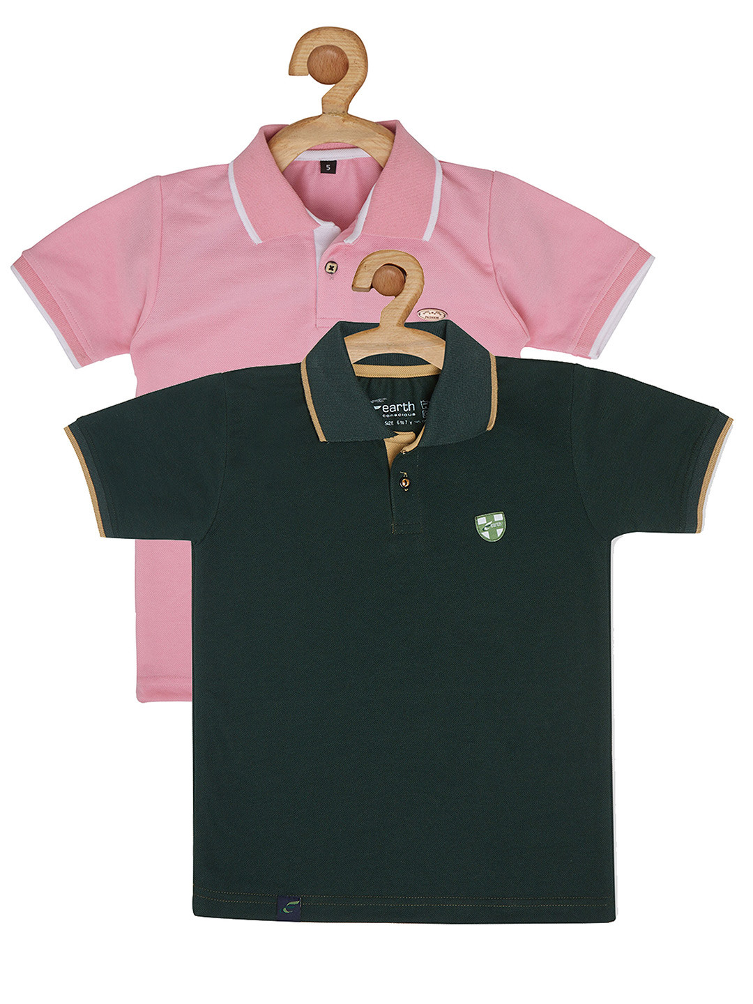 earth conscious Boys Pack of 2 Pink & Green Polo Collar Pure Cotton T-shirts
