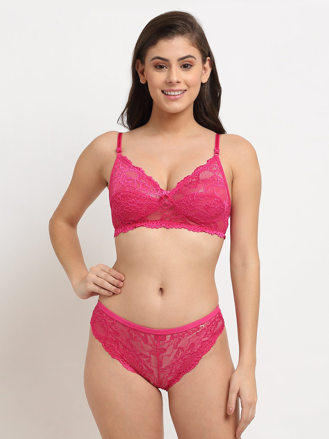 Friskers Women Pink Self-Design Double Layered Lace Lingerie Set O-310-07-30