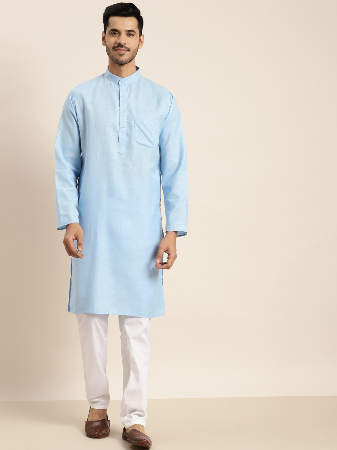 Anug by SOJANYA Men Blue & White Kurta with Churidar
