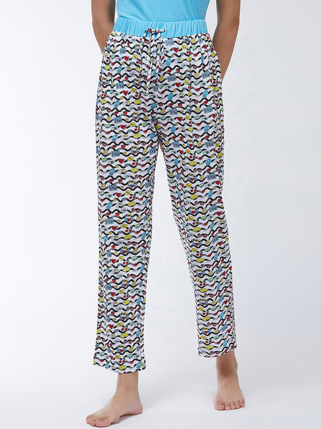 Miss Chase Women White & Blue Printed Pure Cotton Lounge Pants