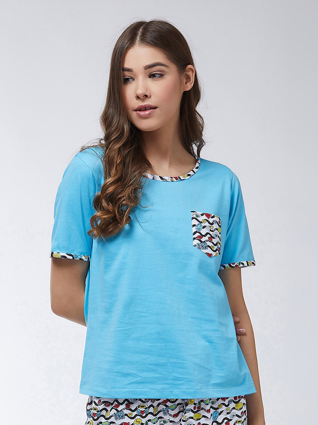 Miss Chase Women Turquoise Blue Relaxed Fit Pockets Pure Cotton Lounge T-shirt