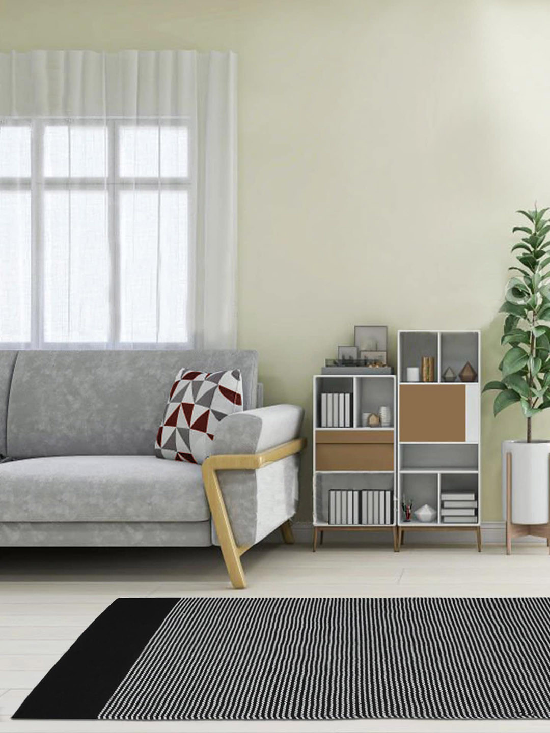 HABERE INDIA Navy Blue & White Cotton Striped Carpet