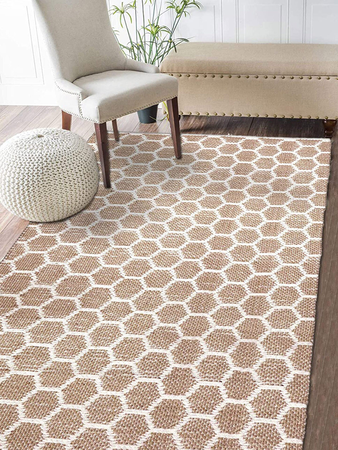 HABERE INDIA Beige & Whited Self Design Hand woven Jute Carpet