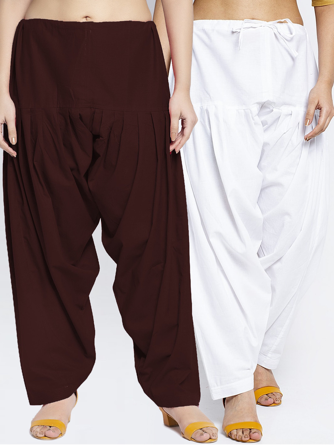 JINFO Women Pack Of 2 White & Brown Solid Loose Fit Pure Cotton Salwar