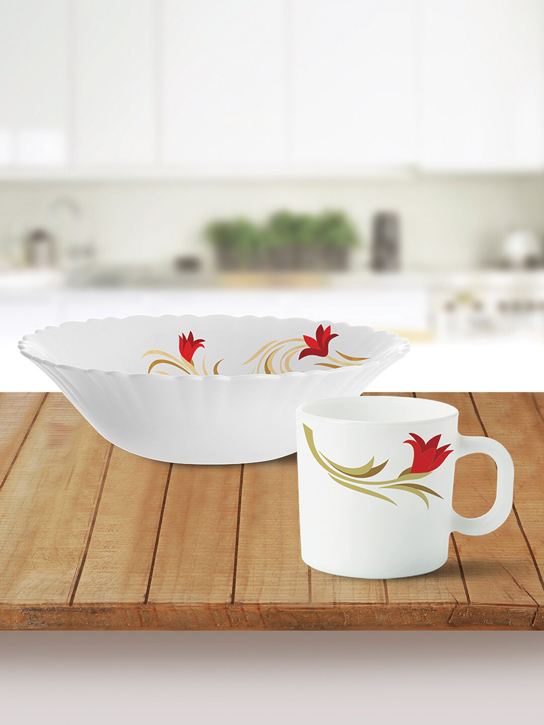 Larah by BOROSIL Red Lily White 5 Pieces Printed Opalware Dinner Set