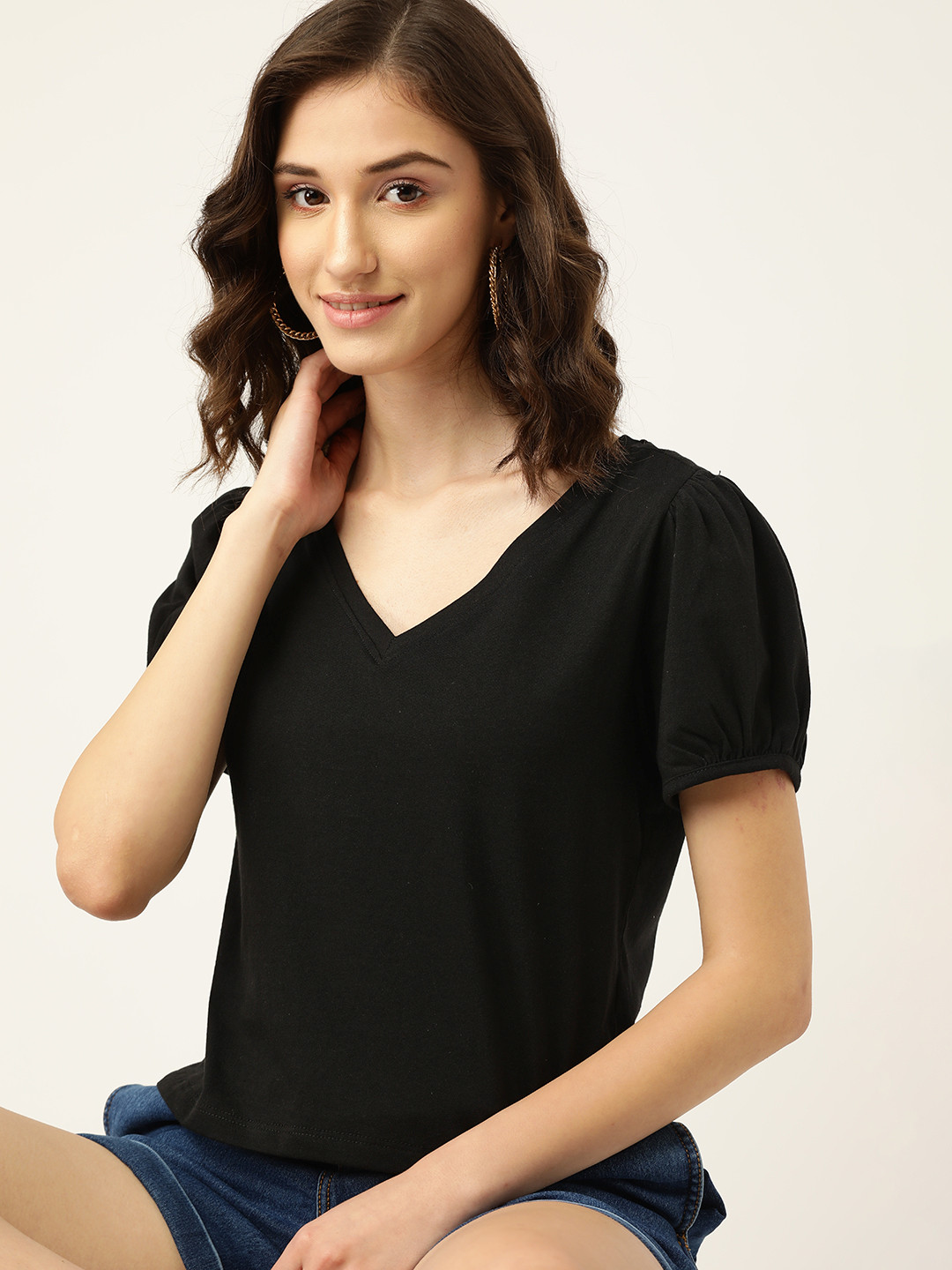 DressBerry Black Solid Puff Sleeves Top