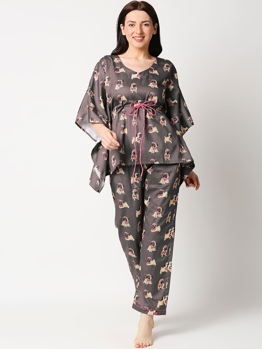 Pyjama Party Women Brown & Beige Printed Cotton Night suit