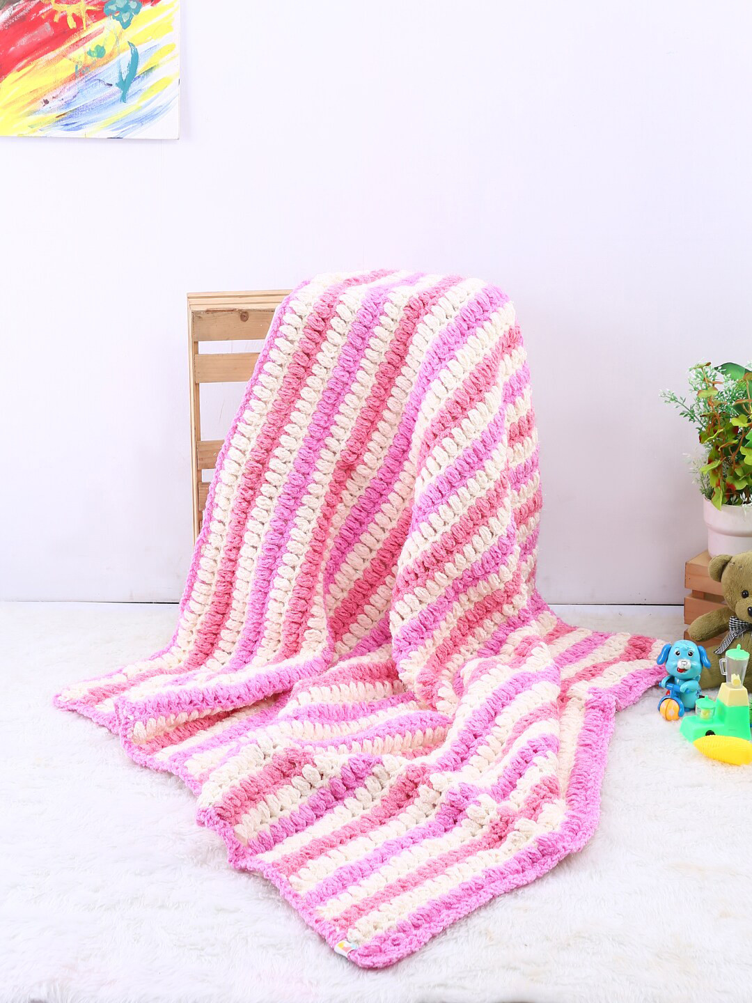 Magic Needles Kids Pink & White Striped AC Room 1000 GSM Wool Single Blanket
