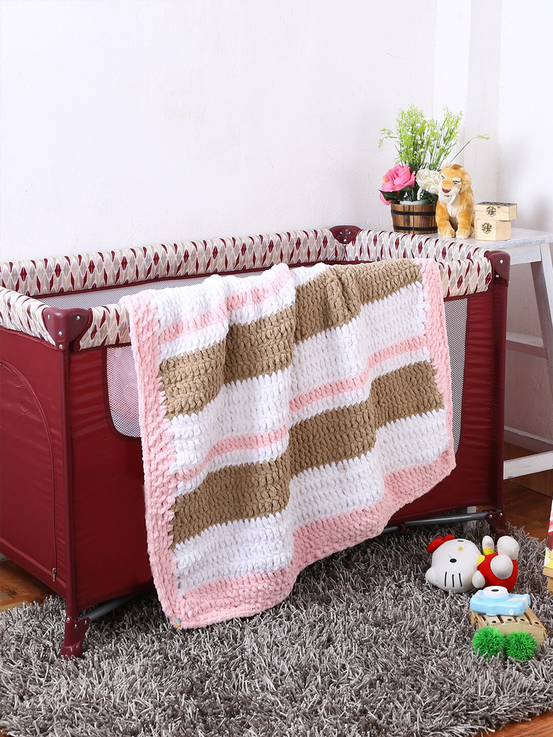 Magic Needles Pink & White Striped AC Room Single Bed Blanket