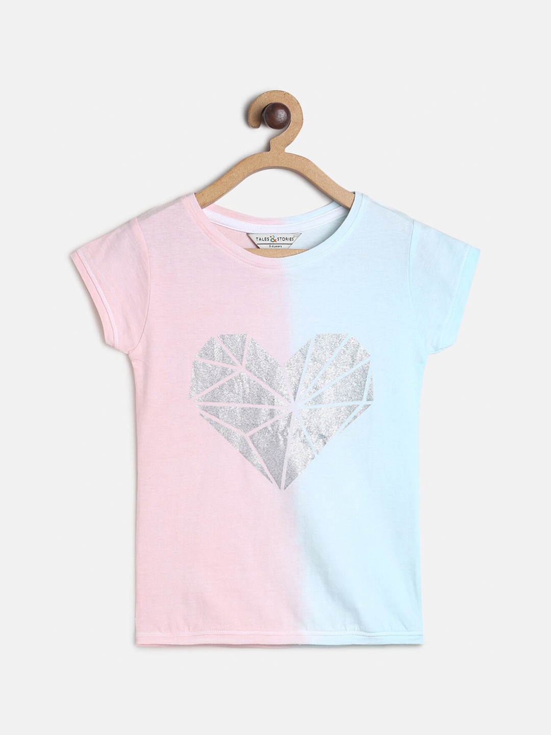 TALES & STORIES Girls Peach-Coloured & Blue Printed Slim Fit Cotton T-shirt