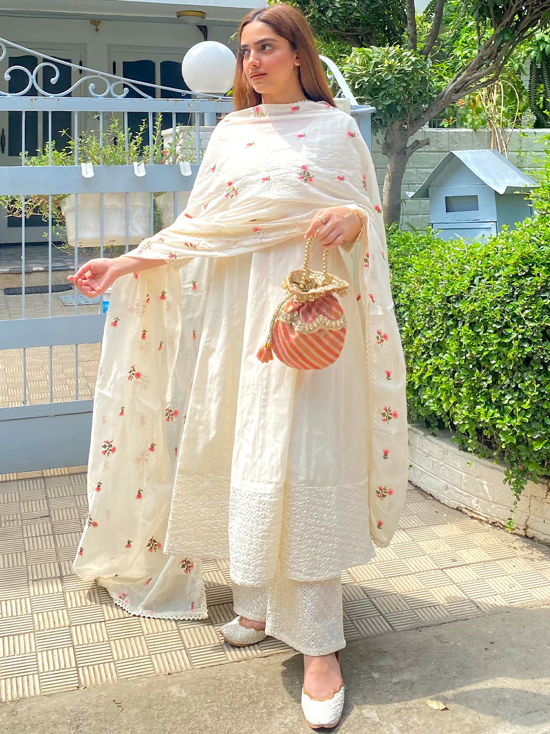 Libas Womens Off White Solid Cotton Anarkali Kurta With Palazzos & Dupatta
