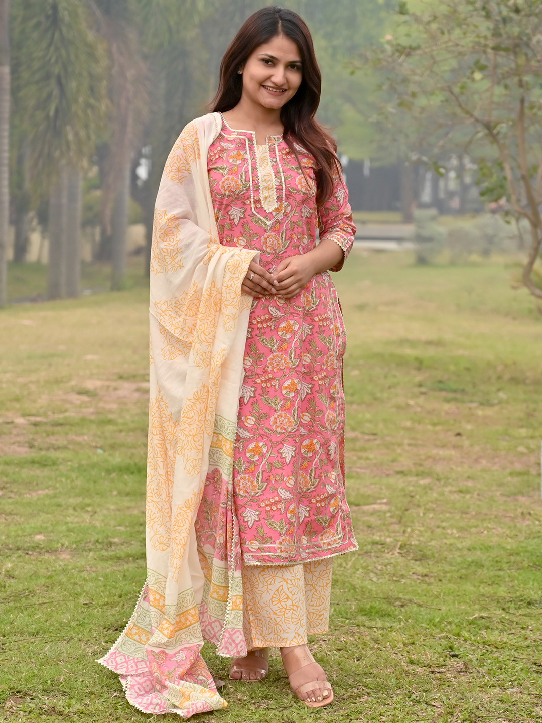 Libas Women Pink & Green Floral Print Cotton Straight Kurta with Palazzos & With Dupatta