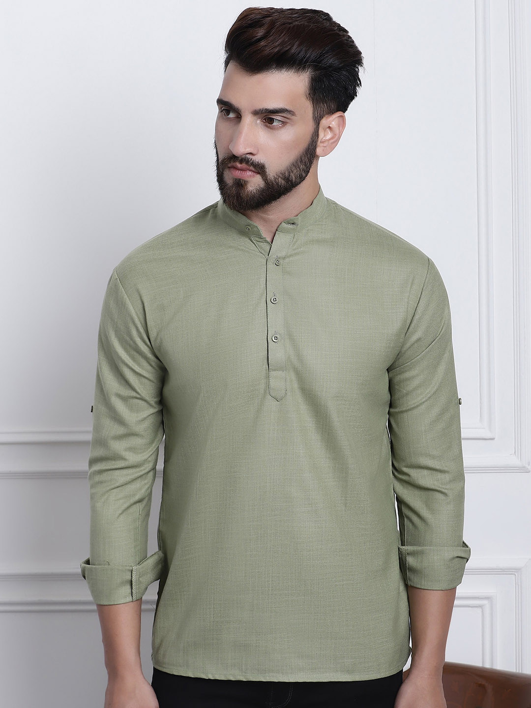 Anug by SOJANYA Men Green Roll-Up Sleeves Kurta