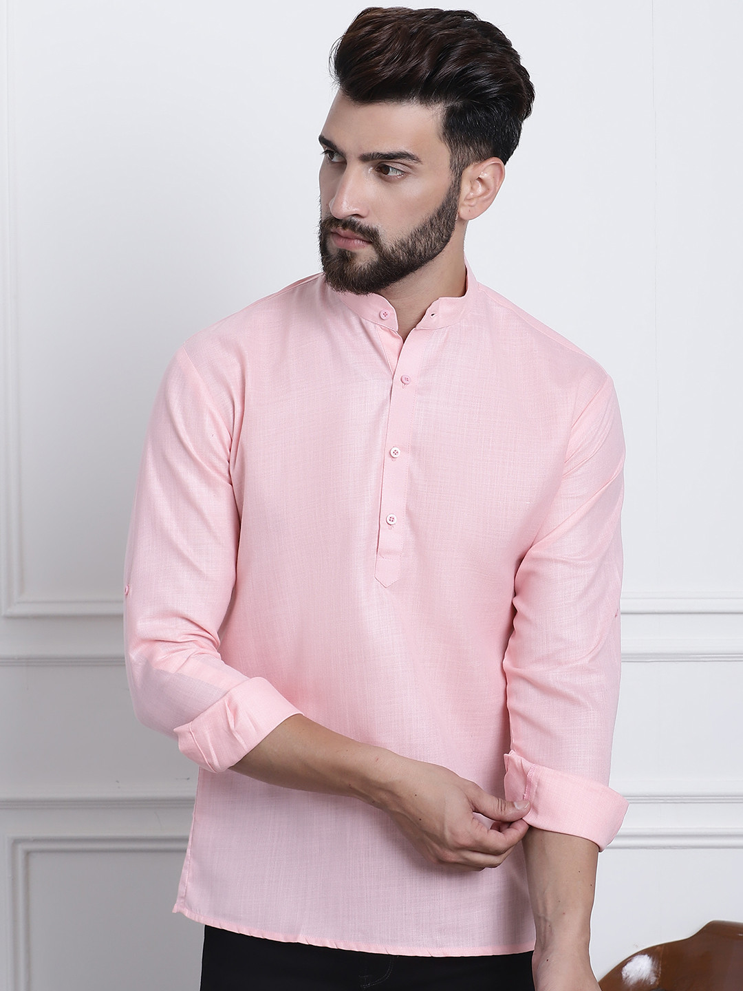 Anug by SOJANYA Men Pink Band Collar Kurta