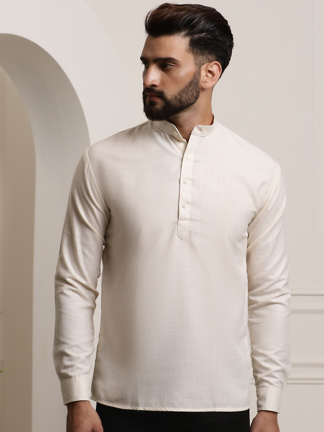 Anug by SOJANYA Men Cream-Coloured Band Collar Kurta