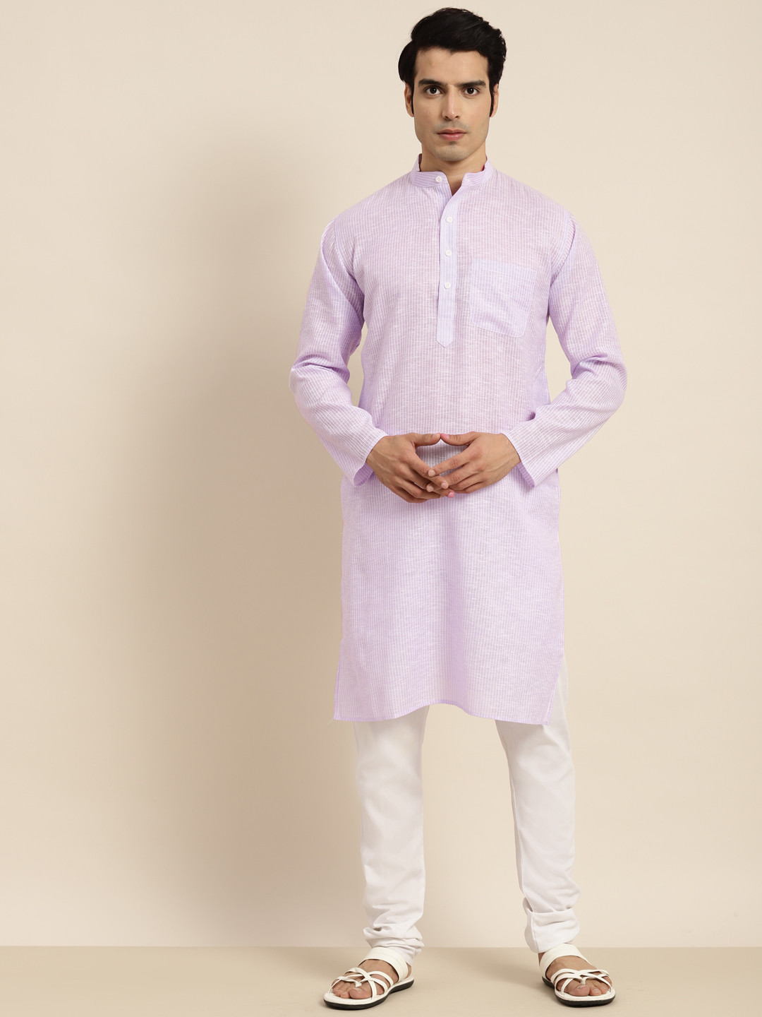 Anug by SOJANYA Men Purple Striped Pure Cotton Kurta