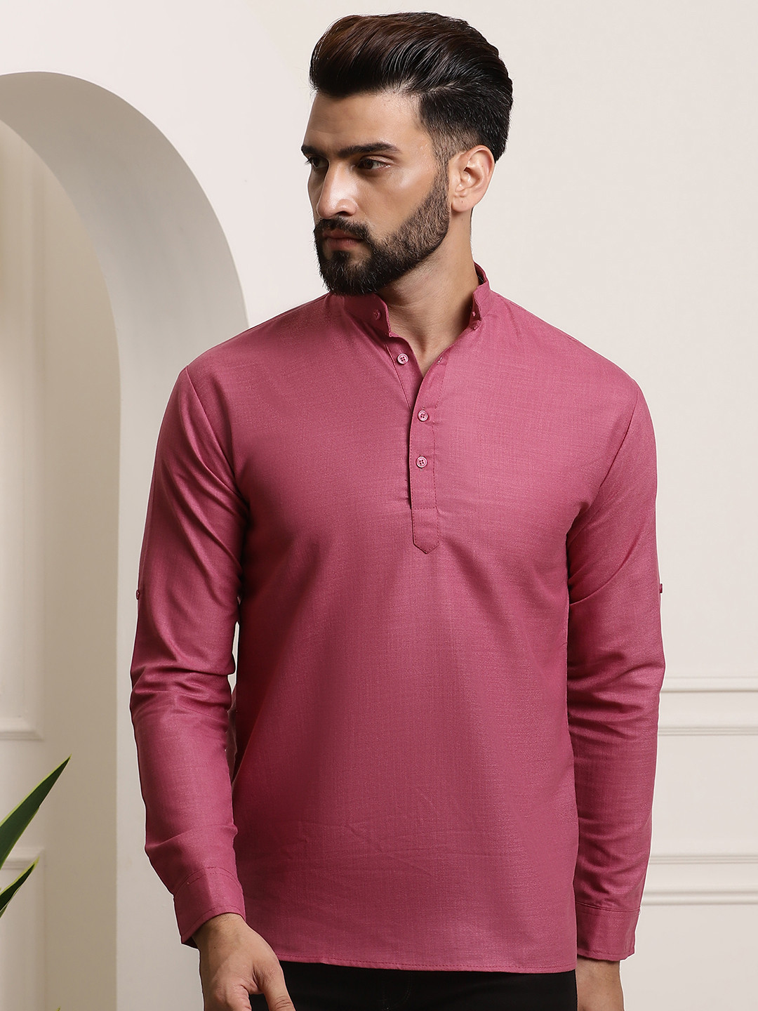 Anug by SOJANYA Men Dark Coral Mandarin Collar Kurta