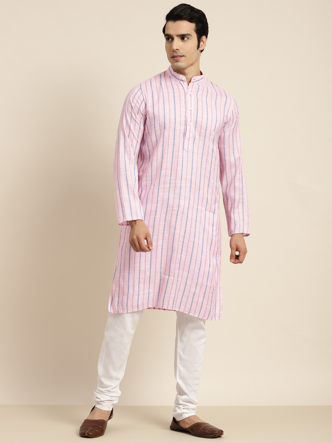 Anug by SOJANYA Men Pink & Blue Striped Kurta