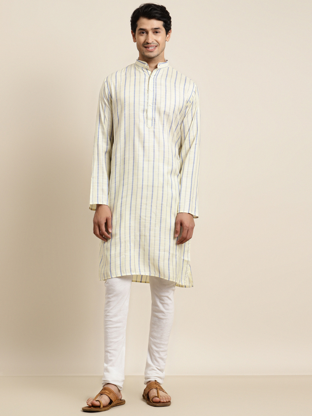 Anug by SOJANYA Men Yellow & Blue Striped Kurta