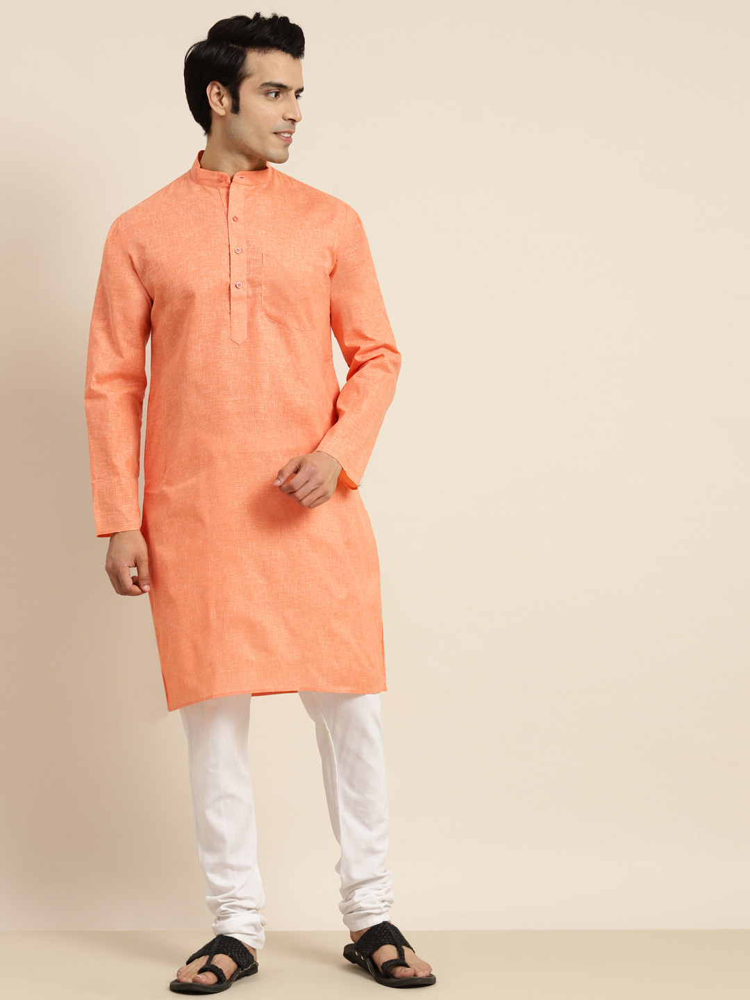 Anug by SOJANYA Men Orange Dobby Band Collar Kurta