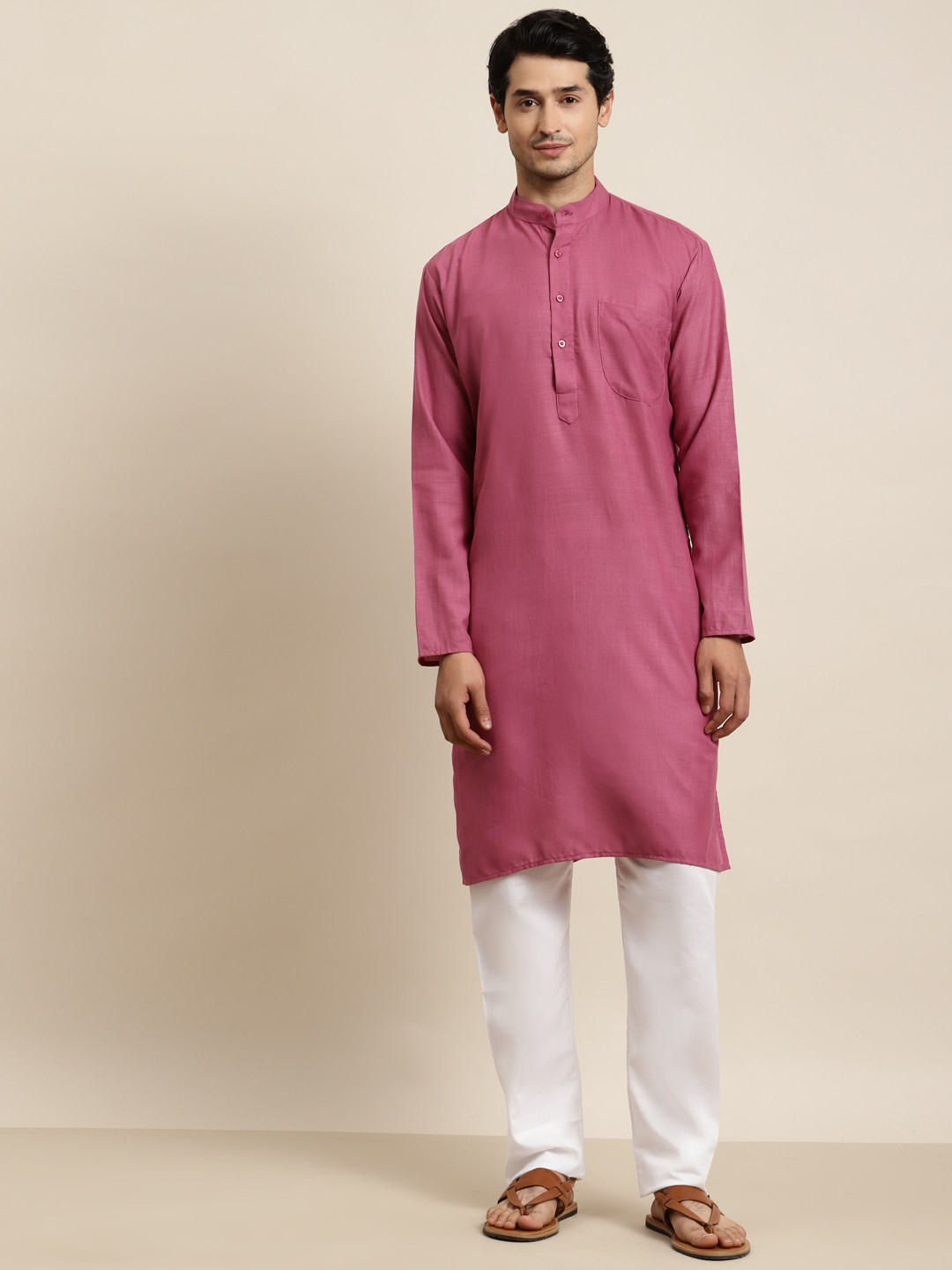 Anug by SOJANYA Men Dark Coral Mandarin Collar Kurta