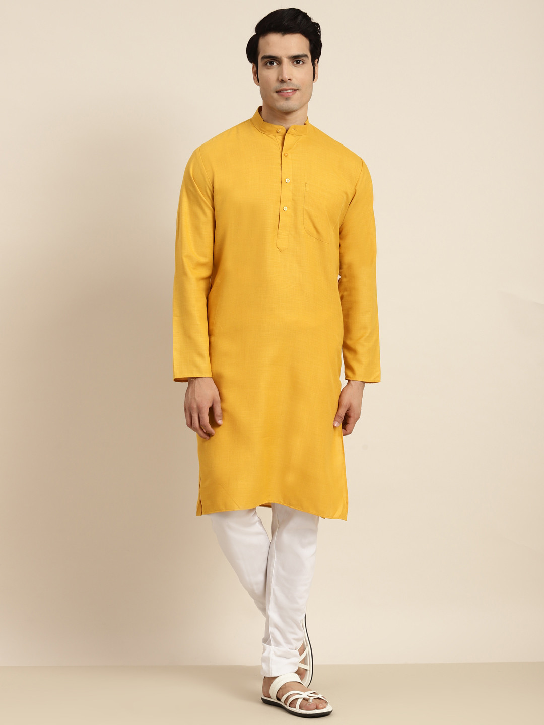Anug by SOJANYA Men Mustard Yellow Mandarin Collar Kurta