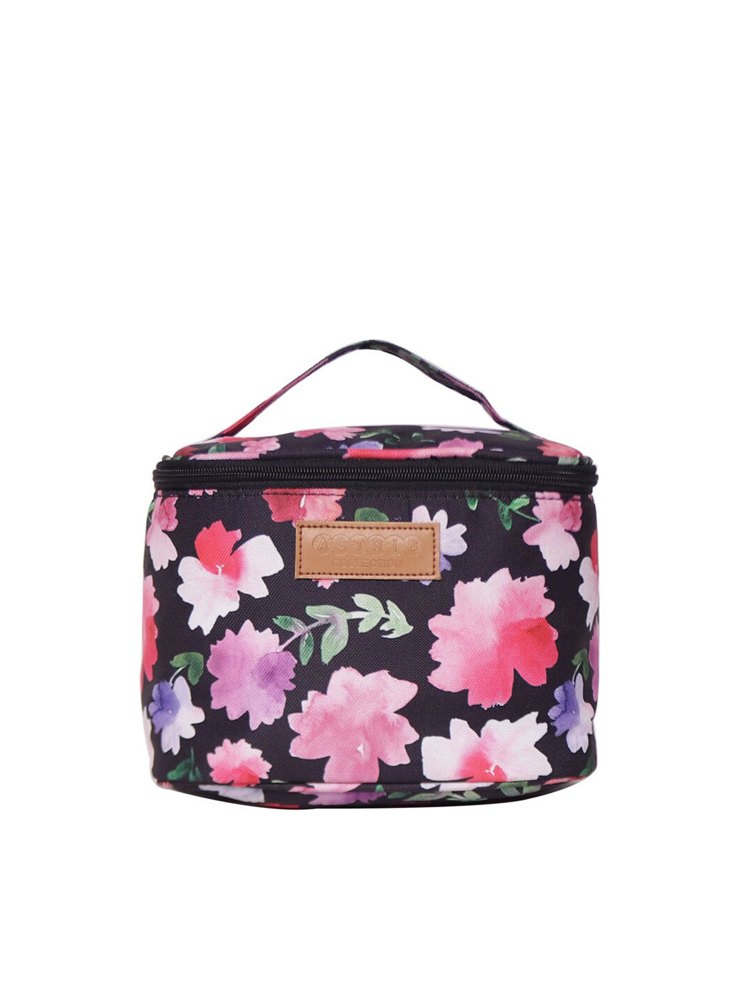 ASTRID Black & Pink Floral Printed Dome Shaped Cosmetic & Travel Bag