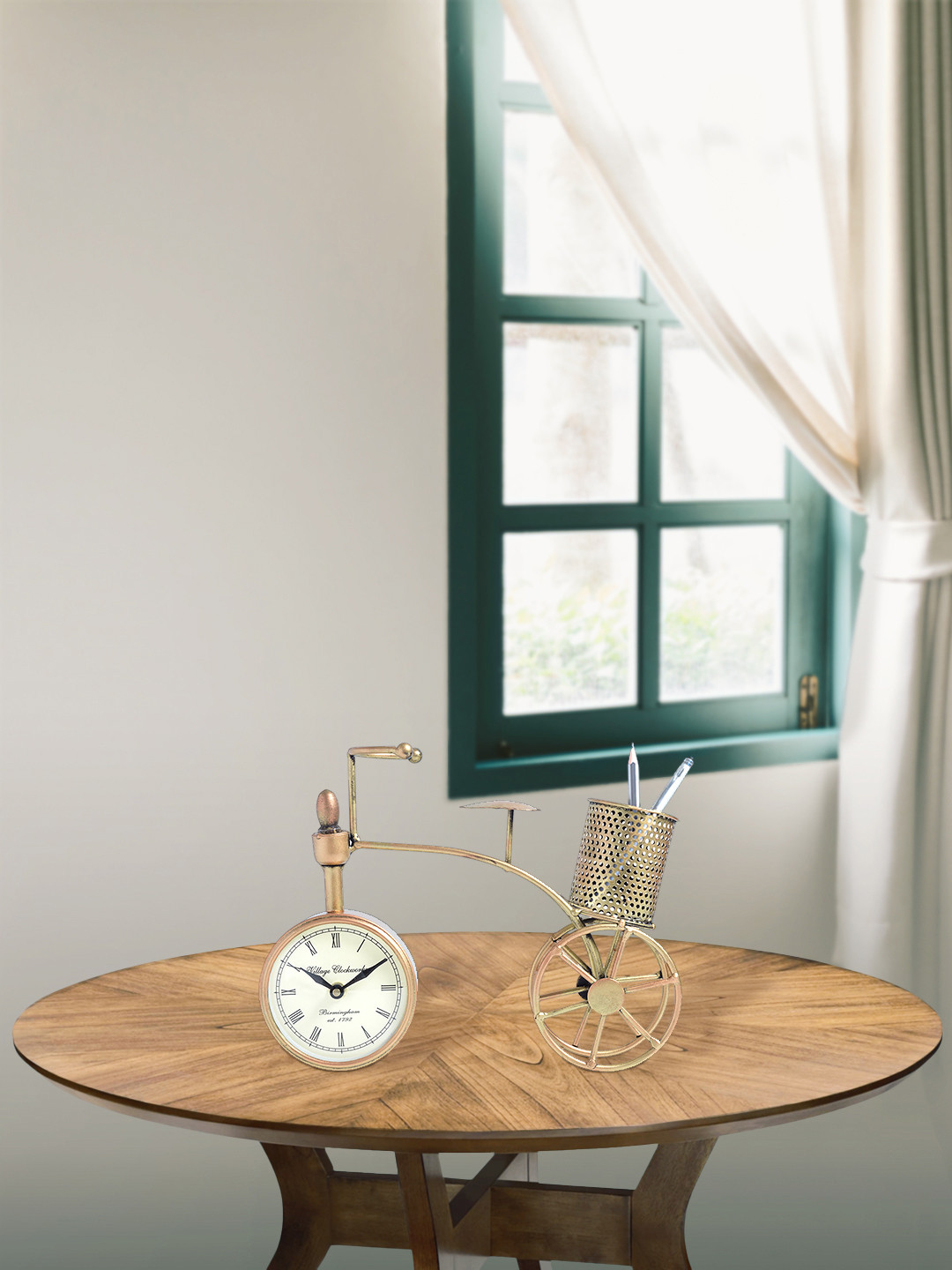 Golden Peacock Cycle Design Penstand with 4.5 inch Dial Clock Gold Iron Metallic Living Room Hand-Crafted Medium Showpiece - 8.7 Inches