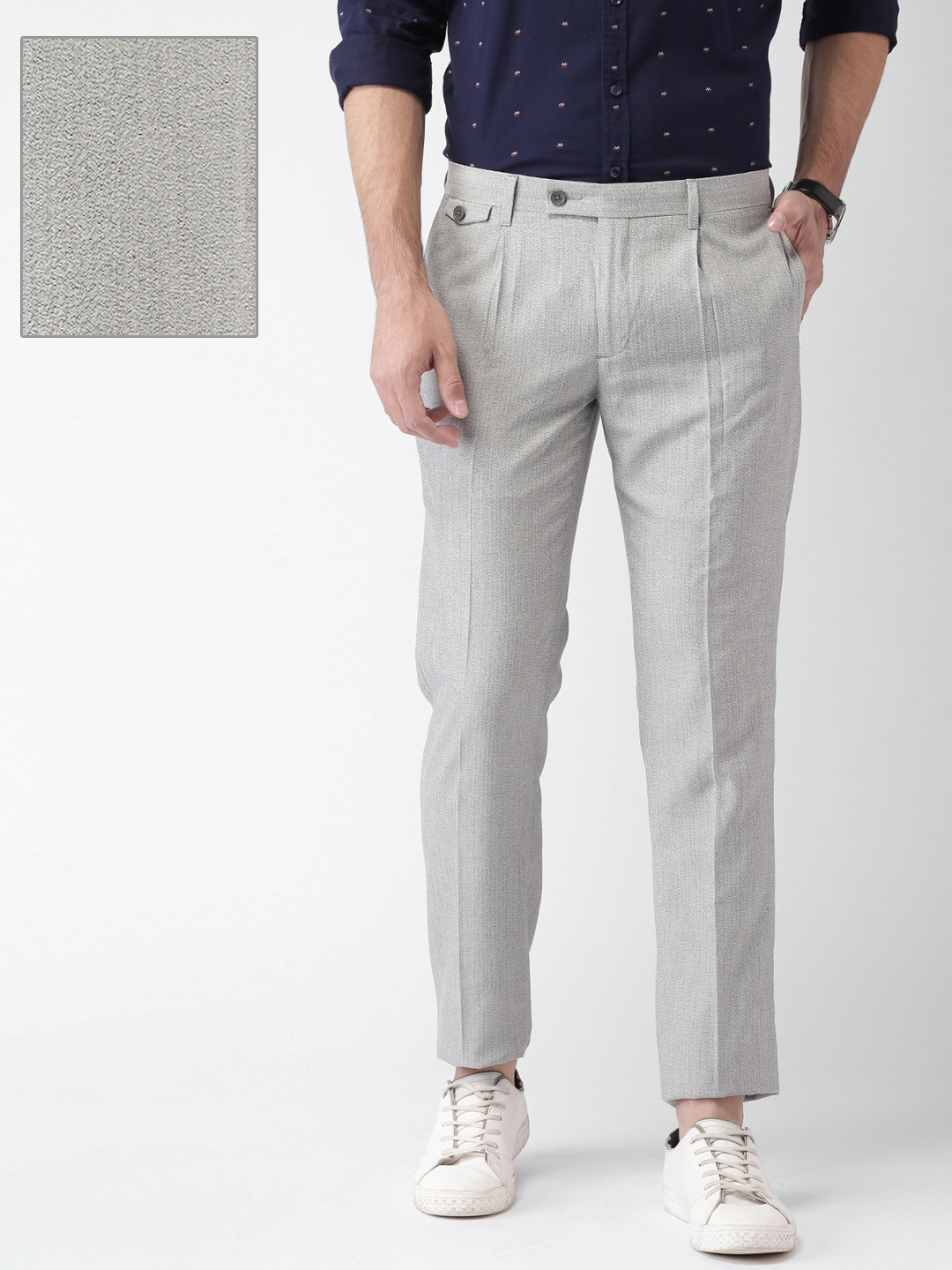 Buy INVICTUS Men Grey Self Design Slim Fit Formal Trousers ...