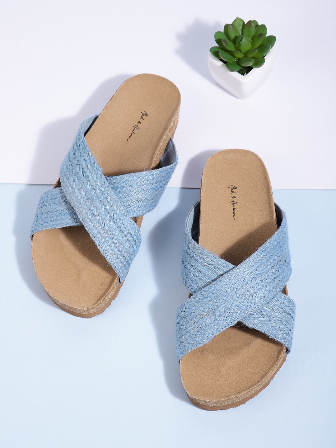 Mast & Harbour Women Blue Woven Design Criss-Cross Open Toe Flats