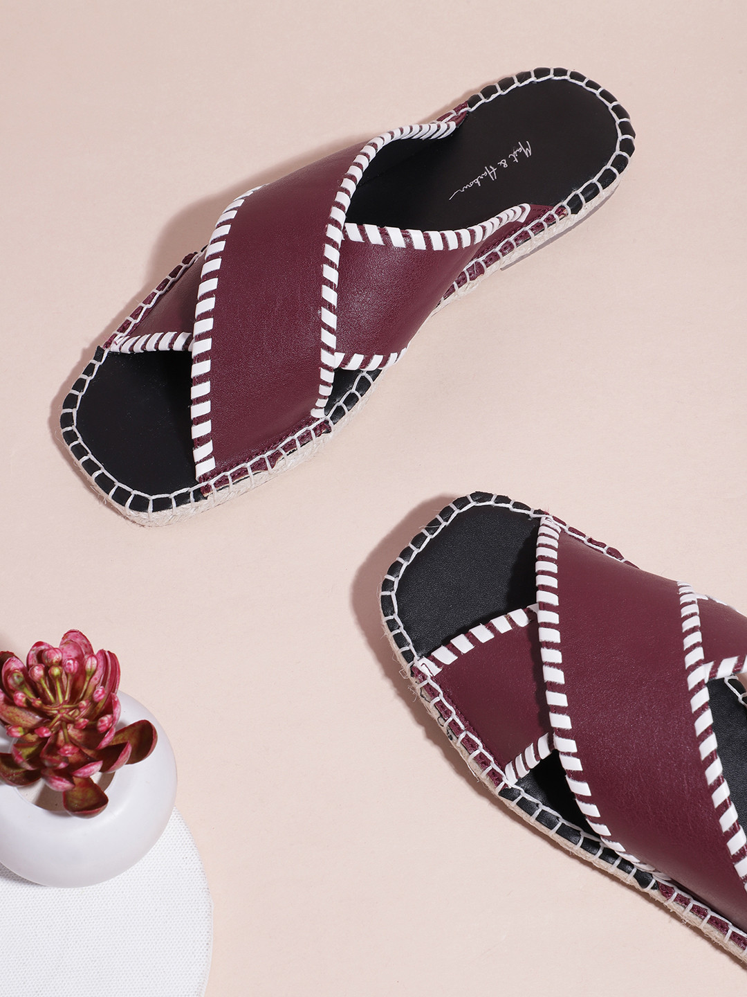 Mast & Harbour Women Burgundy & White Woven Design Open Toe Flats