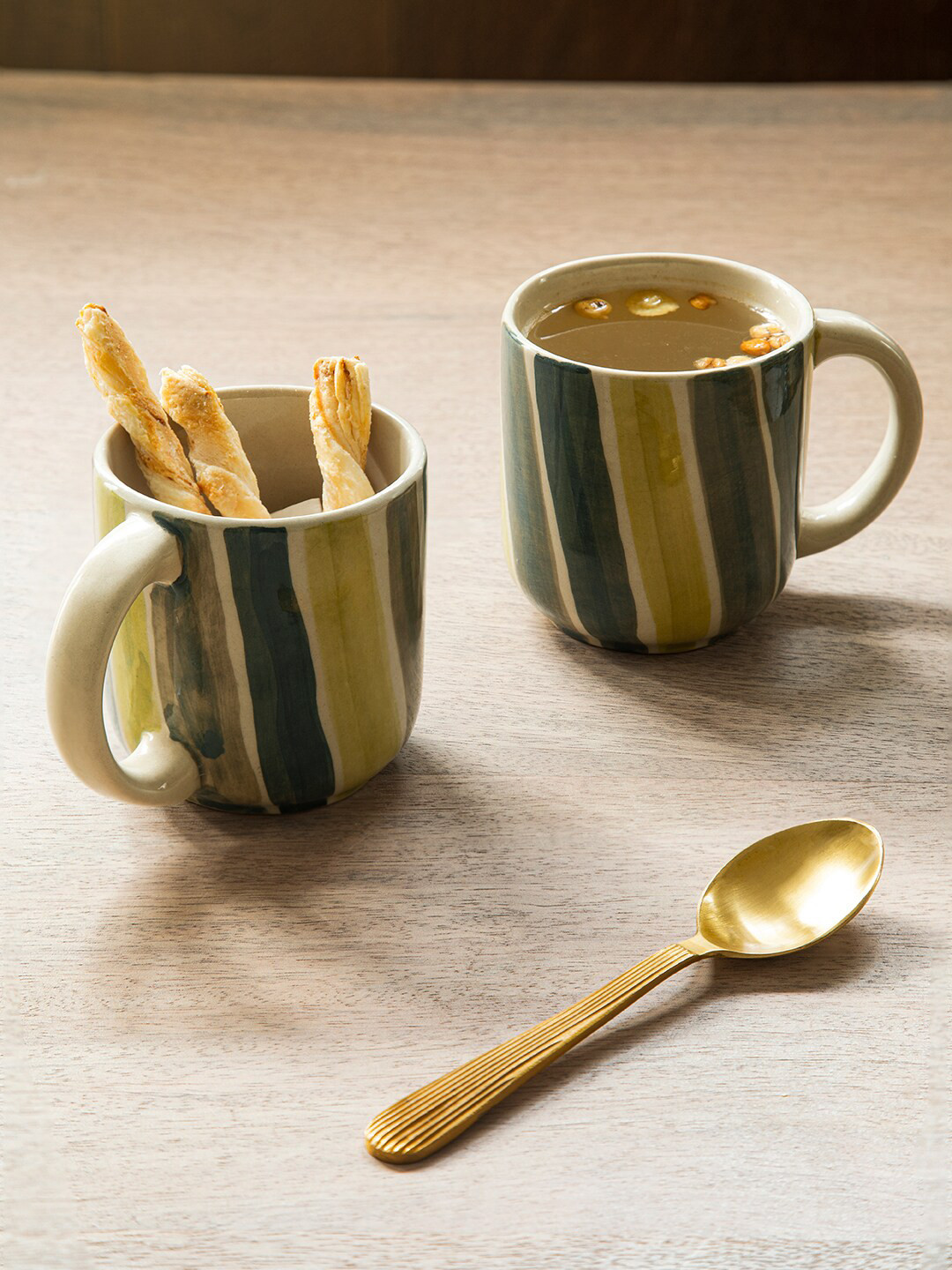 ellementry Green Abstract Ceramic Handmade 2 Piece Mugs-300ml