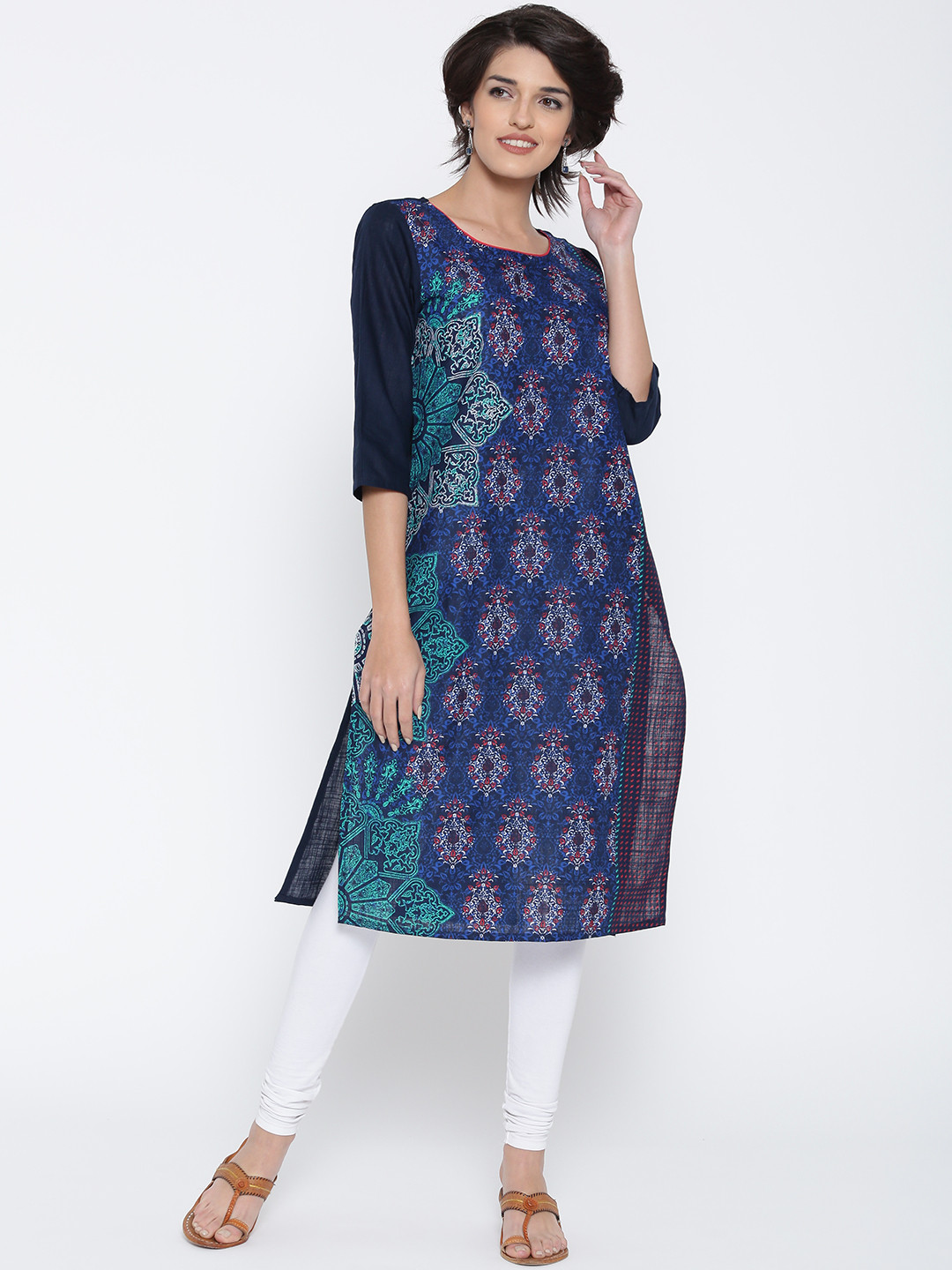 AURELIA Women Navy Blue Printed Straight Kurta