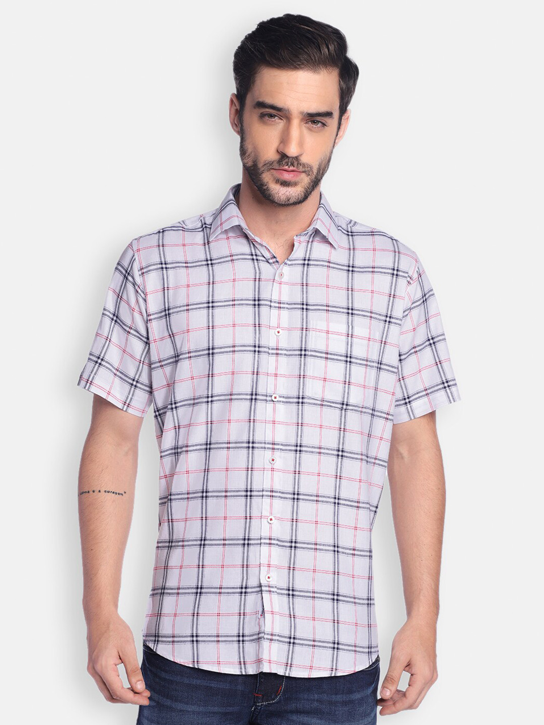 Zeal Men White Standard Tartan Checks Checked Casual Shirt
