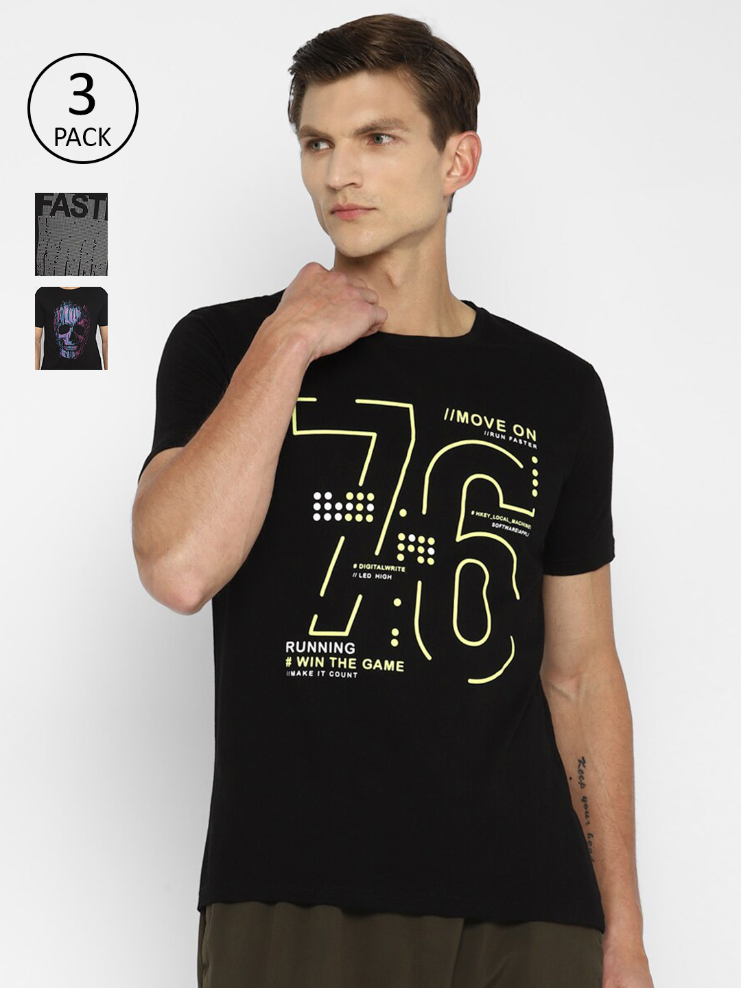 appulse Men Black Typography Printed Running T-shirt Set Of 3