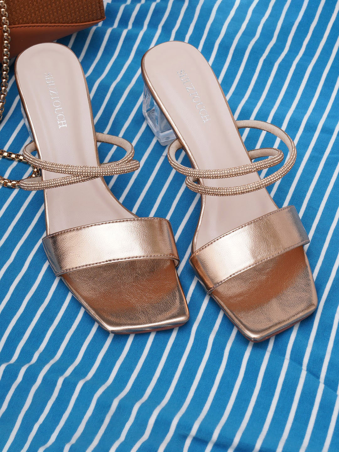 SHUZ TOUCH Gold-Toned Embellished Block Heels