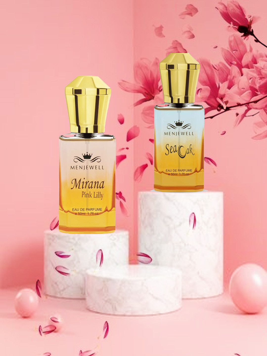 Menjewell Set of 2 Eau de Parfums - Men Sea Oak Aqua Fresh & Women Mirana Pink Lilly