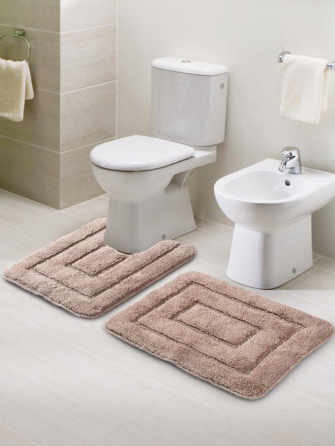 Saral Home Beige 210 GSM Set Of 2 Textured Pure Cotton Bath Rugs With Contour