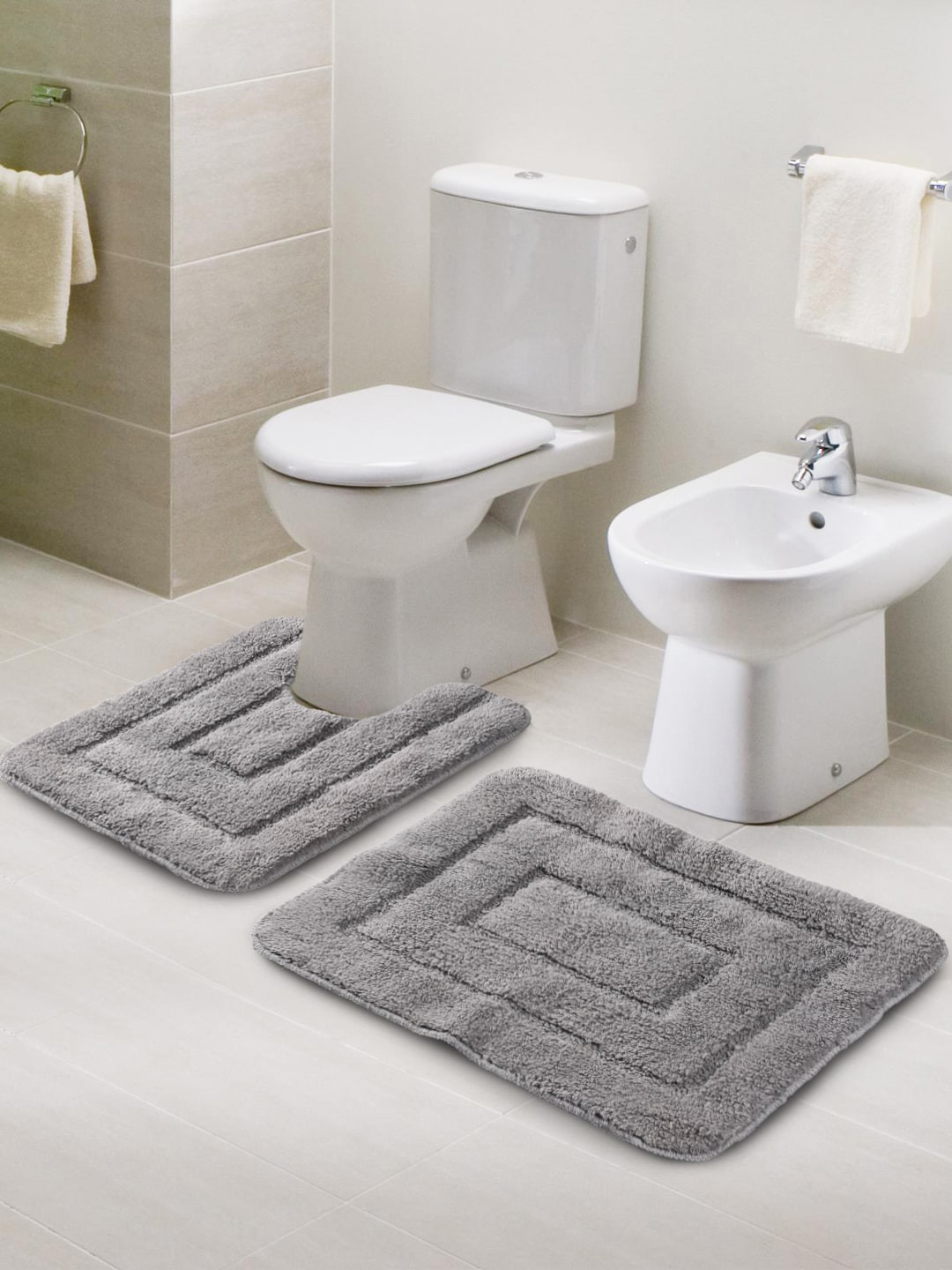 Saral Home Set of 2 Grey Cotton Anti Slip Bath Rugs with Contour