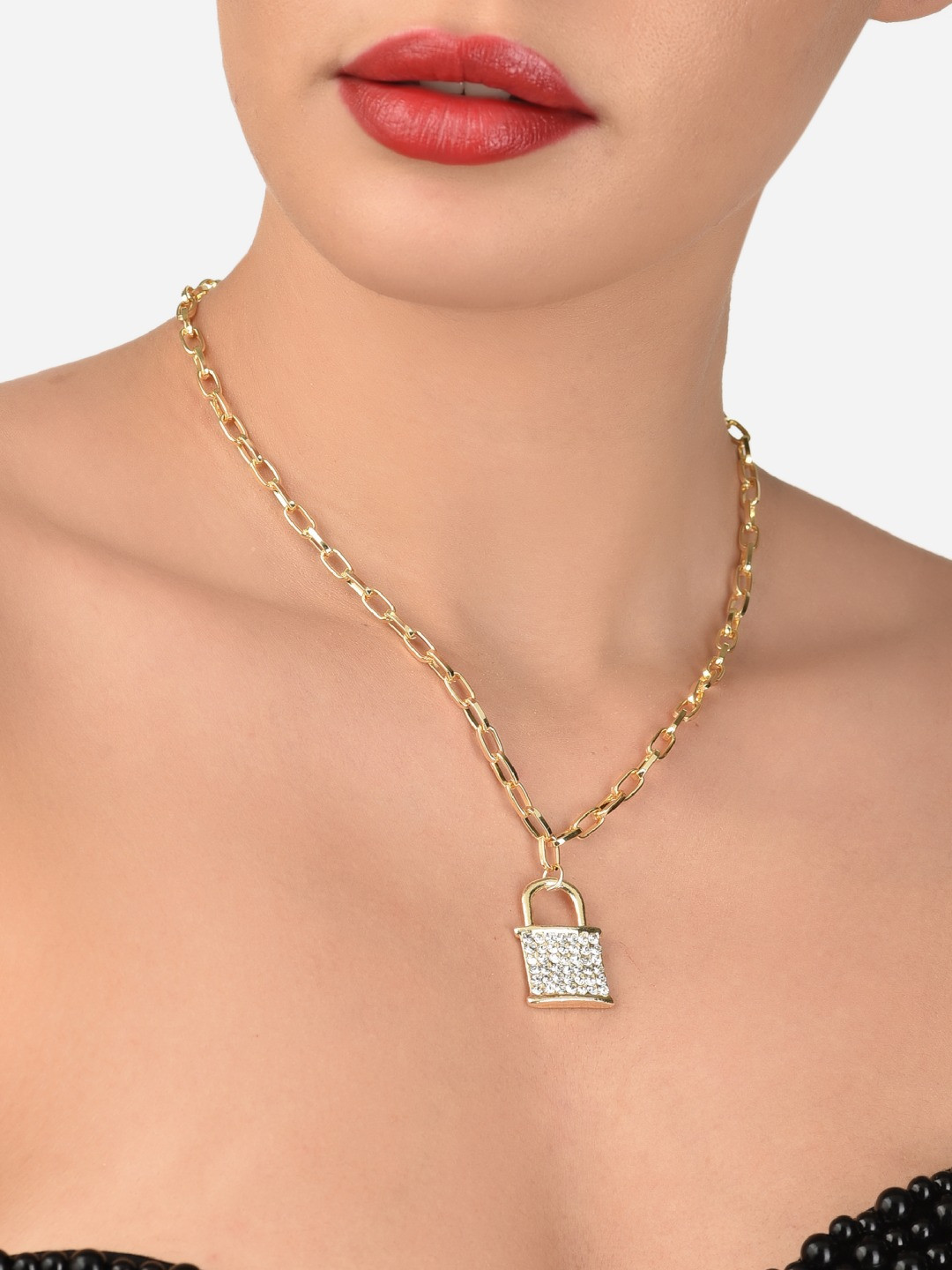 AMI Gold-Toned & Gold-Plated Diamonds Embellished Lock Pendant With Linked Chain