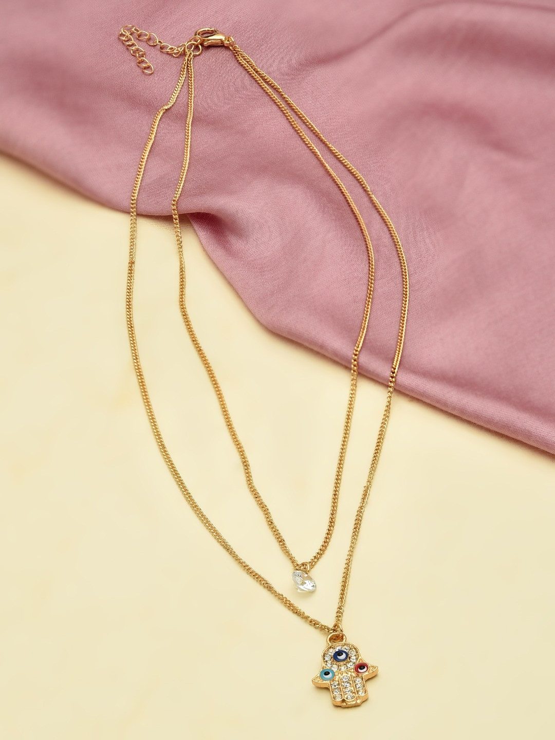 AMI Gold-Toned & Gold-Plated 2 Layered Hamsa & Evil Eye Contemporary Charm Chain