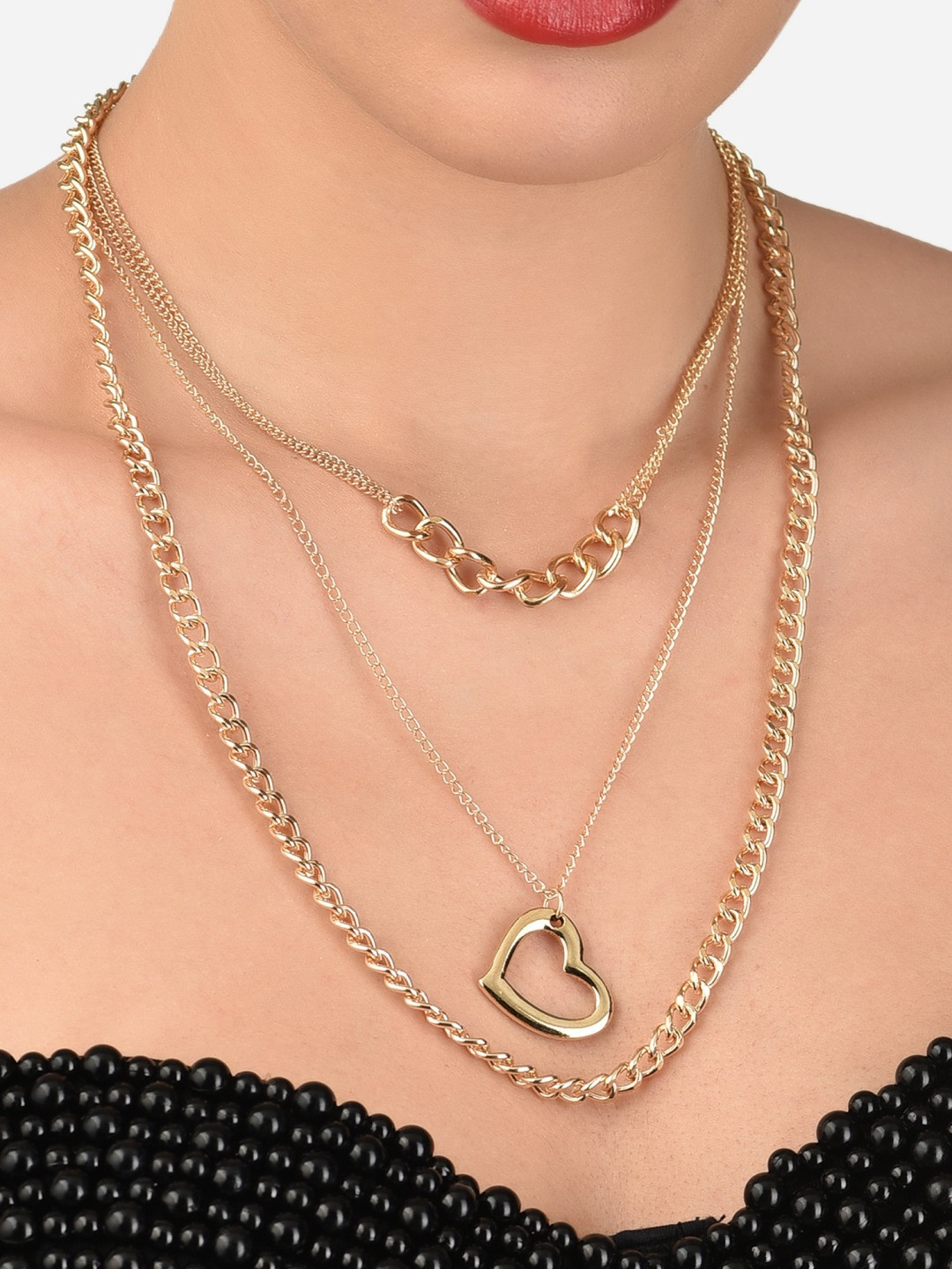 AMI Gold-Toned & Gold-Plated 3 Layered Contemporary Hollow Heart Charm Chain