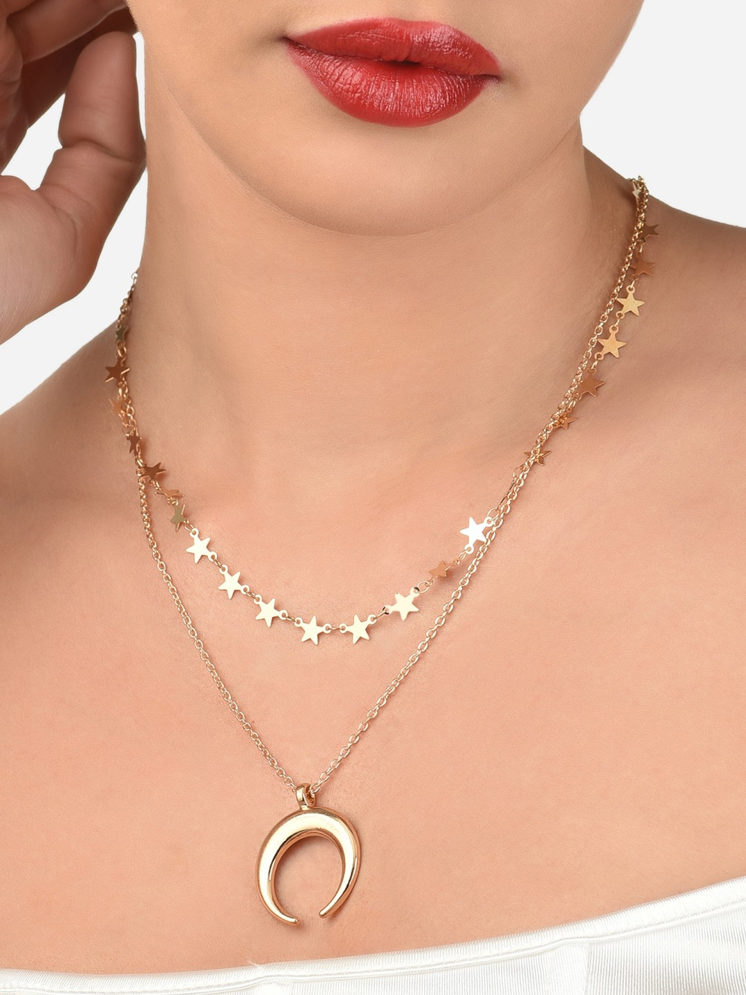 AMI Gold-Toned & Gold-Plated 2 Layered Crescent Moon & Stars Contemporary Chain