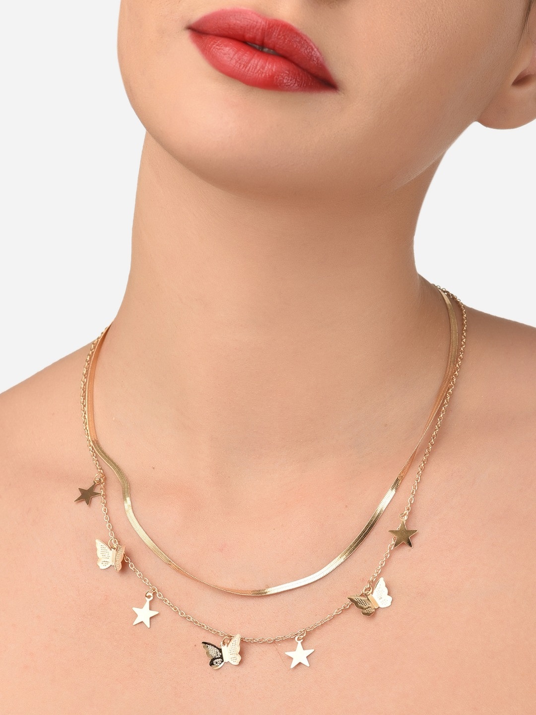 AMI Gold-Toned & Gold-Plated 2Layered Contemporary Butterflies & Stars Charm Chain