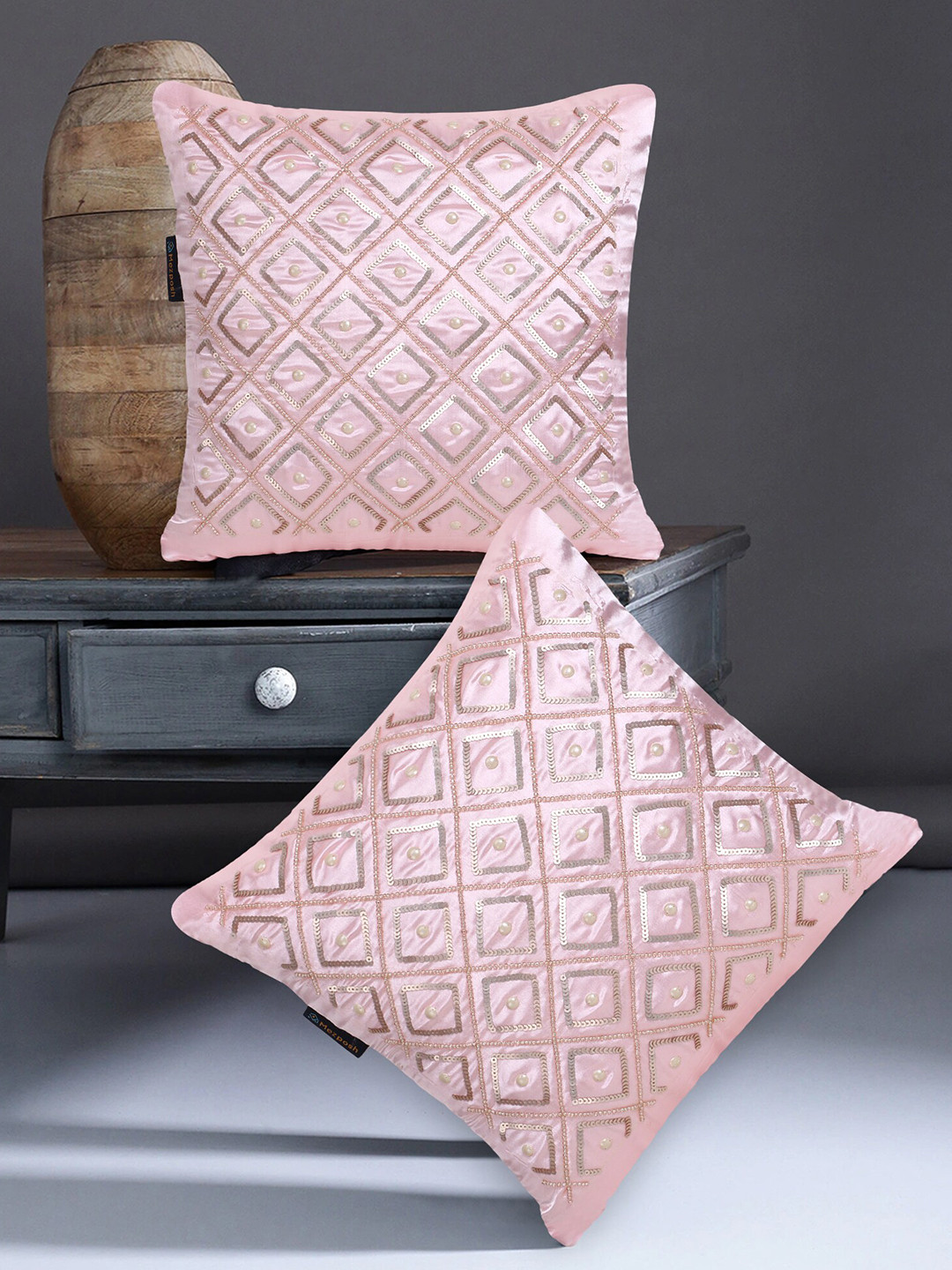 Mezposh Rose Gold Geometric Embellished Satin Square Cushion Covers Set of 2