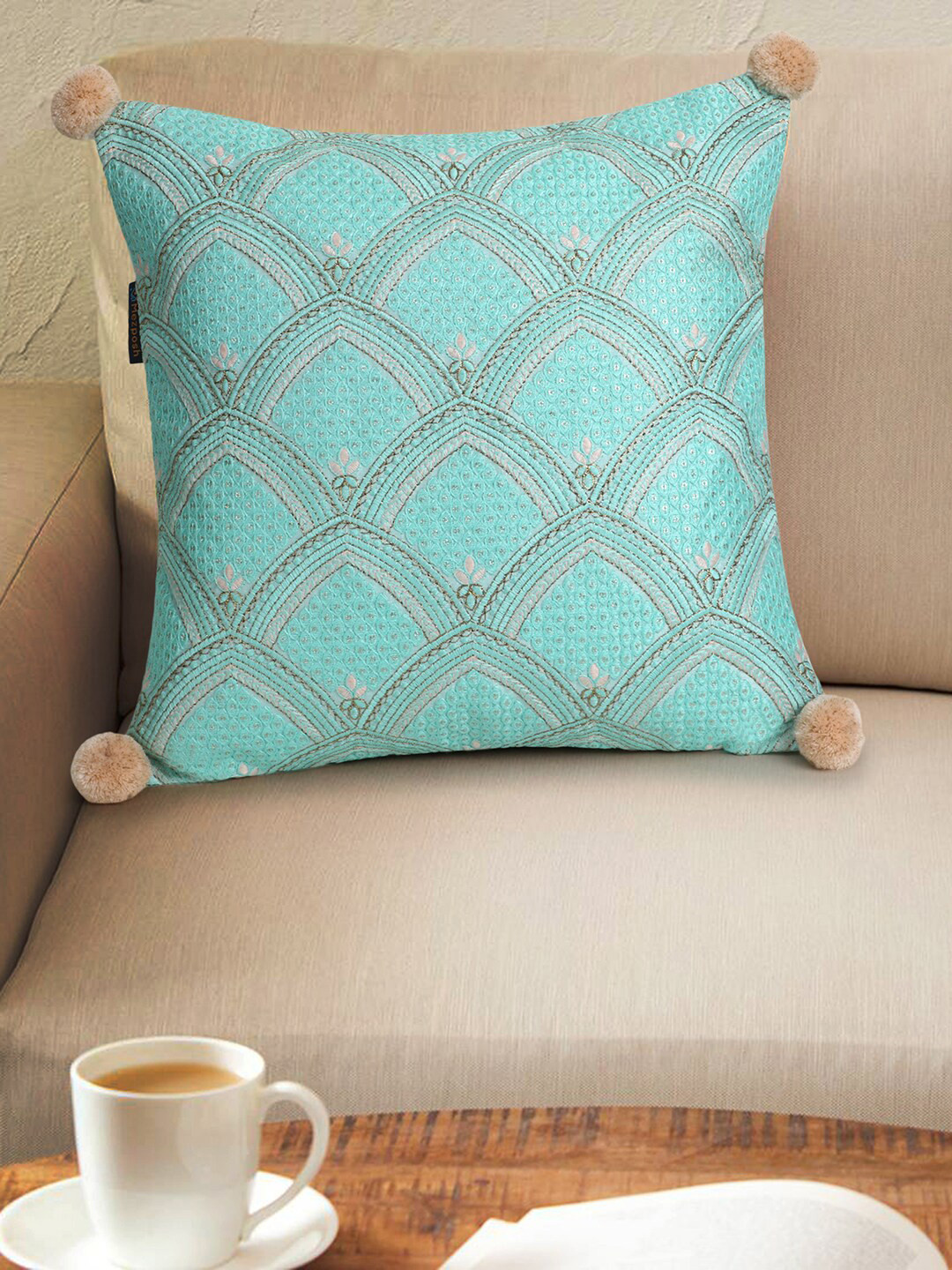 Mezposh Embroidered Sea Green Geometric Polyester Silk Washable Cushion Cover -16x16In