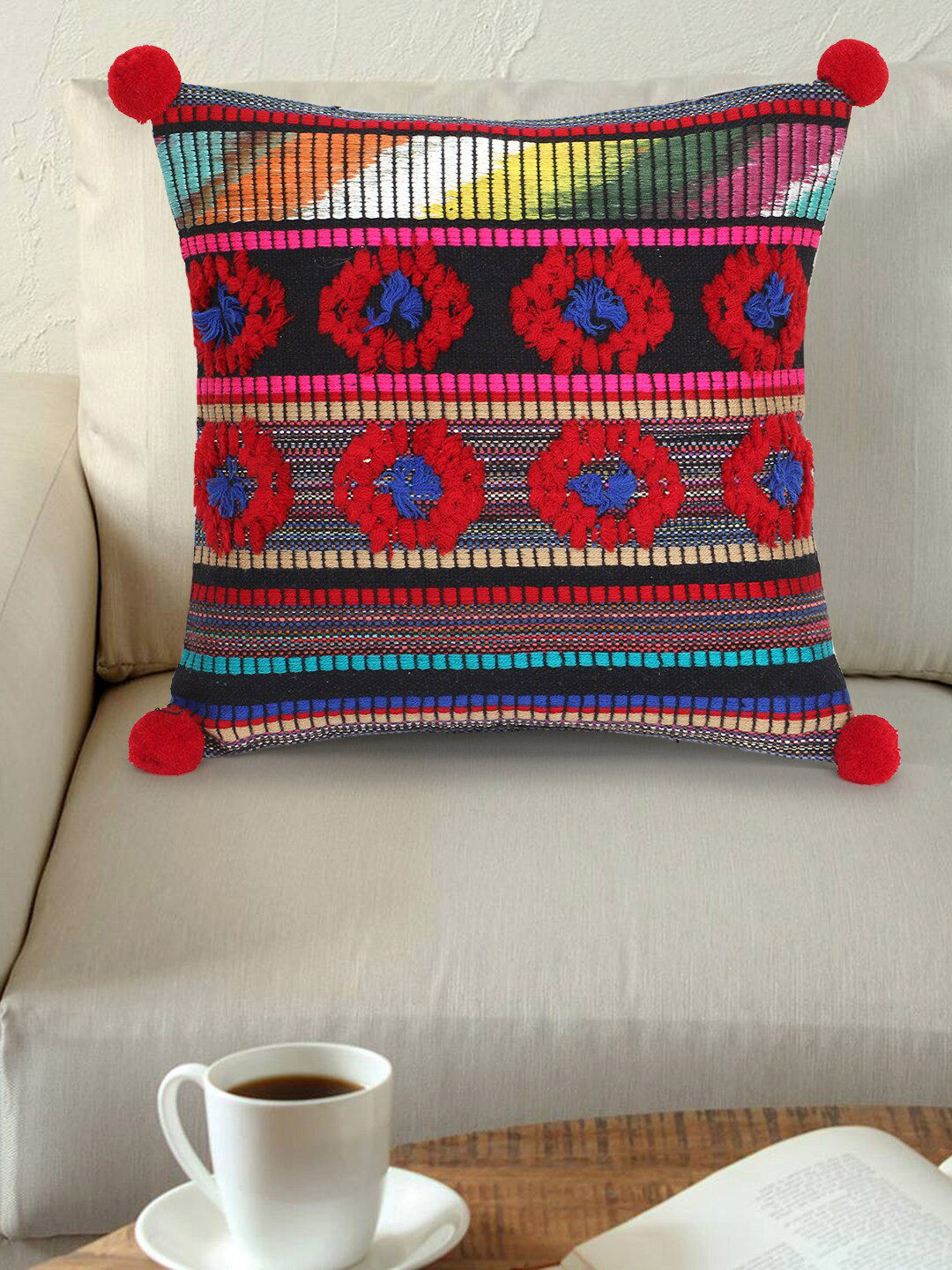 Mezposh Black Embroidered Jacquard Washable Square Cushion Cover - 11.8 x 11.8 Inches