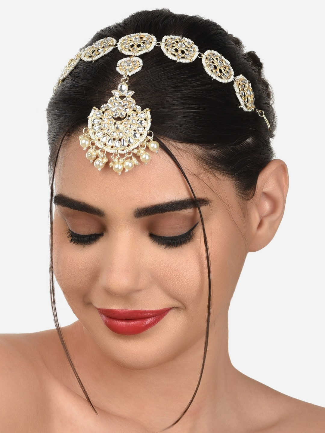 Zaveri Pearls Gold-Plated White Kundan & Pearls Handcrafted Mathapatti Bridal Head Jewellery