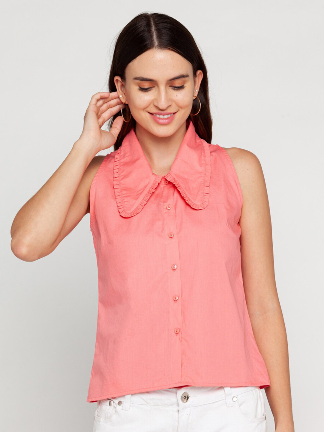 Zink London Pink Shirt Style Pure Cotton Top
